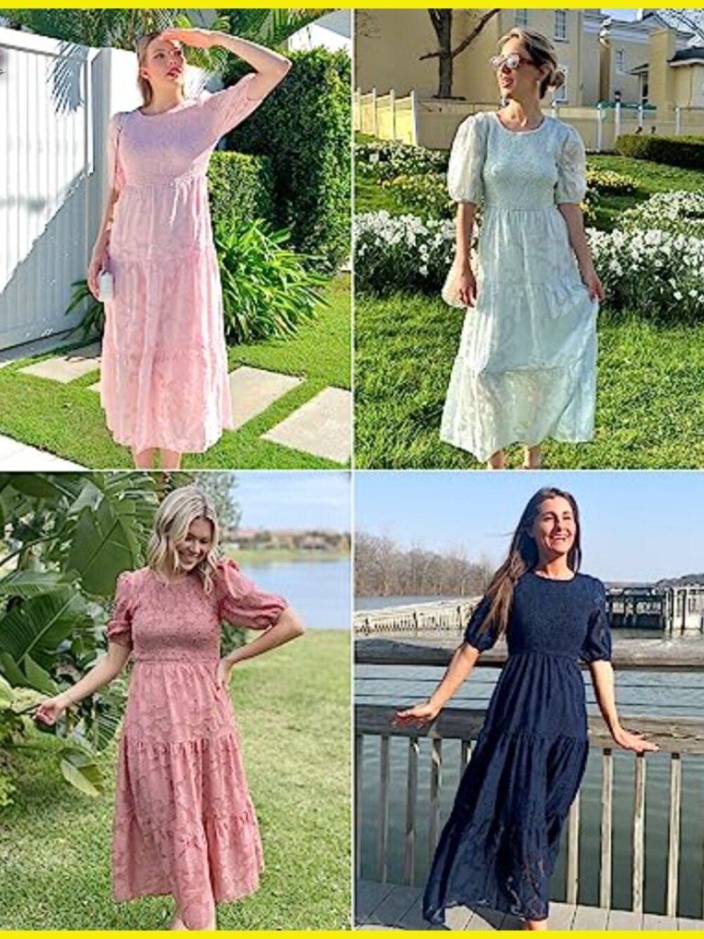 Summer Puff Sleeve Smocked Floral Dress Elegant Midi Tiered A-Line - Picture 6 of 7